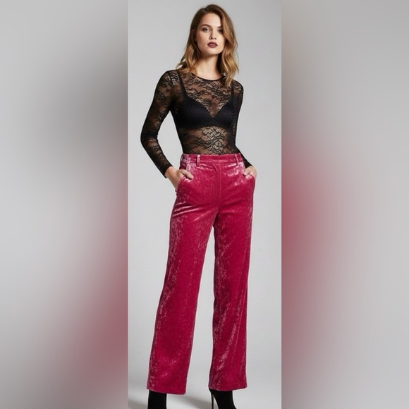 NA-KD Pants - NWT NA-KD Bright Pink Crushed Velvet Suit Pants Size EU32 (See measurements)